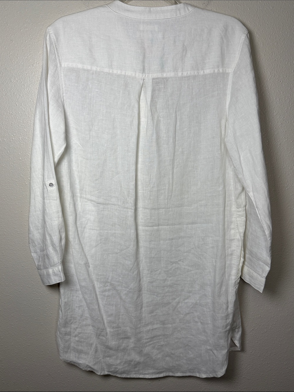 C&C California Linen Tunic Dress L White Split Neck Roll Tab Sleeve Pockets Read - Picture 8 of 14